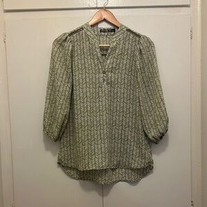 Green and White Ribbed 3/4 Sleeve Blouse with Mandarin Collar